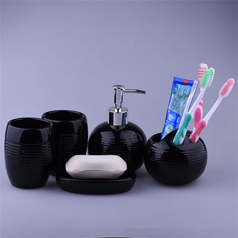 Ensemble de 5 accessoires de salle de bain en céramique avec distributeur et porte-brosse à dents (noir) (1/5)