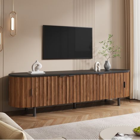 Mueble TV bajo de MDF color nogal con 5 puertas acanaladas y patas de hierro 170 x 40 x 47 cm (1/5)