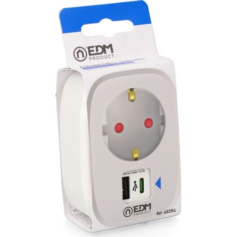 Adapter 1 Steckdose 2p+t Schuko mit 2 USB A + C, Weiß