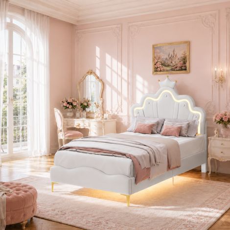 Lit simple enfant 90 x 200 cm Blanc - Lit princesse couronne - Cuir PU imperméable - Bande lumineuse LED réglable - Sommier à latte