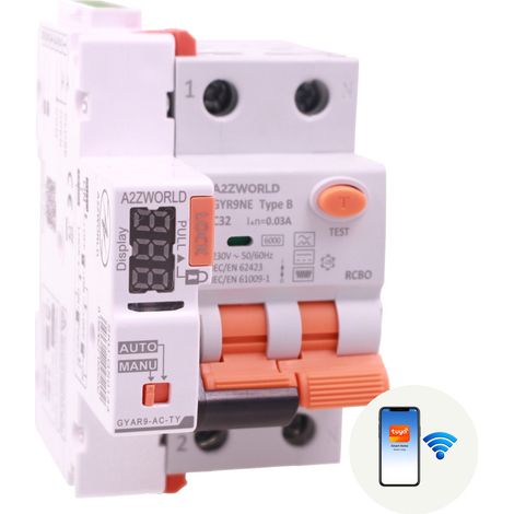 RCBO Interruttore Magnetotermico Differenziale WIFI Con Riarmo Automatico Tipo B Curva C 1P+N 2M 6000A 30mA AC 230V APP Tuya Disponibili 16A 20A 25A 32A 40A (C32A) (1/3)