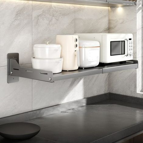 Étagère de Cuisine Extensible pour Micro-Ondes, Support Mural pour Four, Installation Sans Perçage, 36.5-60×34×15.7cm, Gris