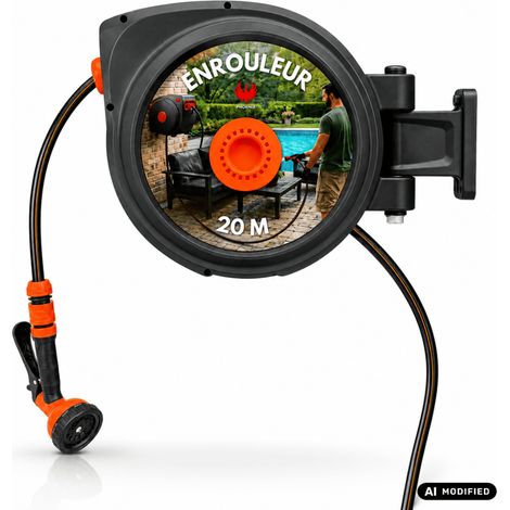 Enrouleur de tuyau automatique PHOENIX 20 m - support mural pivotant 180°, buse 9 jets incluse (1/5)