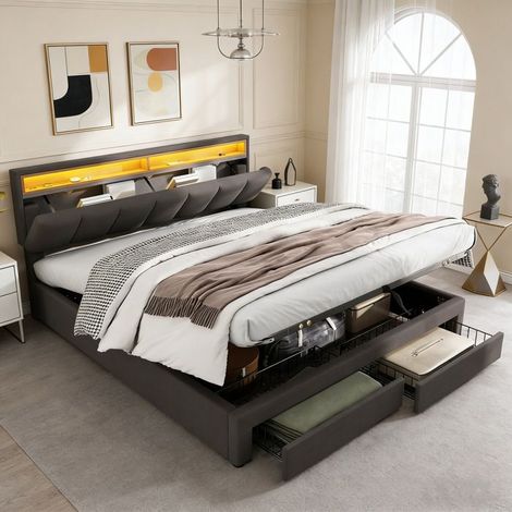Bett 160 x 200 cm, Bett 160x200 mit Lattenrost, Doppelbett, Bettgestell, mit 2 Schubladen, LED, Grau