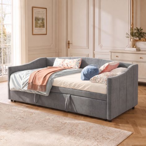 Cama nido 90x200 cm, sofá cama 3 en 1 para ahorrar espacio con somier de láminas, estructura moderna tapizada en terciopelo para habitación de invitados, Gris (1/5)