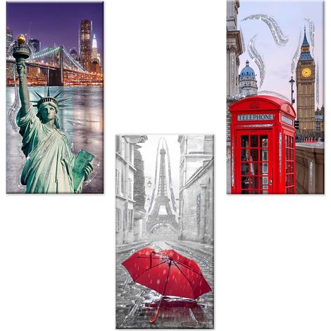 Lupia - Set 3 pezzi Quadri su tela Canvas Day Brillant con glitter NEW CITY 38x75 cm, tema cittÃ  del mondo, per soggiorno, capezzale camera da letto, cucina, ufficio (1/4)