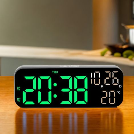 Réveil LED [2 alarmes] horloge digitale multifonction avec compte à rebours, contrôle vocal, température et 3 niveaux luminosité, ABS 17.5x3.5x6.8cm, Noir/vert (1/5)