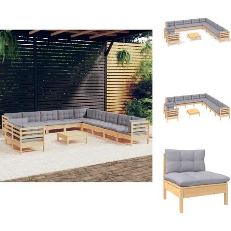 Gartenmöbel-Sets - Living 12-tlg. Garten-Lounge-Set mit Grauen Kissen Massivholz Kiefer (1/5)