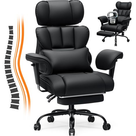 Fauteuil de bureau et de jeu ergonomique en cuir avec repose-pieds, appui-tête et accoudoirs réglables, capacité de charge 200 kg, noir