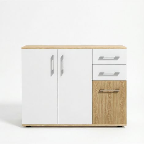 Credenza 90x30x75,5 cm in pannelli di legno bianco e naturale salvaspazio FloraGrace (1/5)