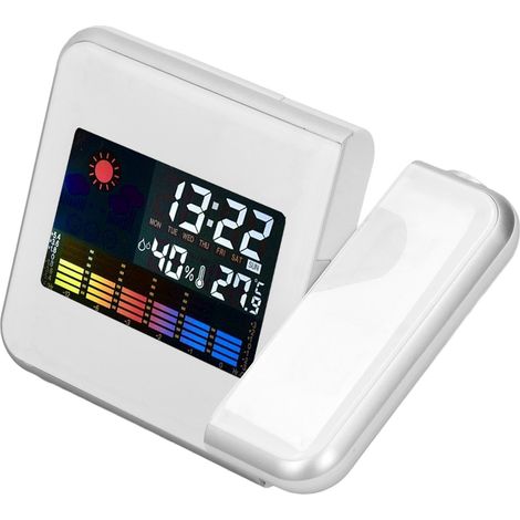 Wetterstationsuhr mit Temperatur- und Luftfeuchtigkeitsanzeige, LCD-Farbdisplay, LED-Hintergrundbeleuchtung, Schlummerfunktion, Projektionswecker, weiß, ohne Verkabelung (1/5)