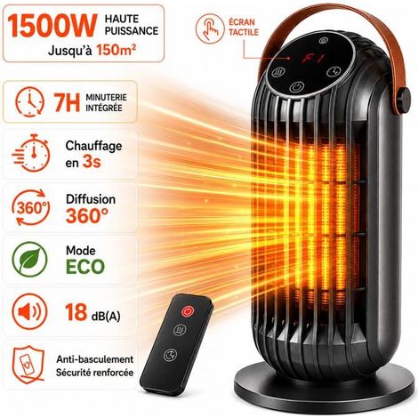 Chauffage d'appoint 1500W, 4 Modes, Chauffe Rapide 3s, Diffusion 360°, Silencieux 18dB, Anti-basculement, Radiateur salle de bain (1/5)
