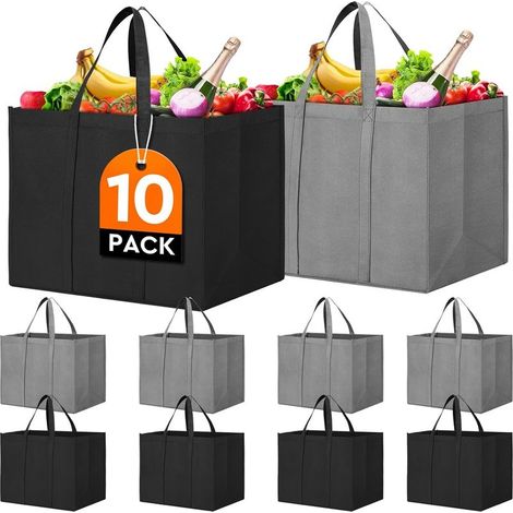 Wiederverwendbare Tasche – Große, faltbare Einkaufstasche – Für Lebensmittel, Kleidung, Gemüse – Tragkraft: 22,7 kg – 10er-Pack – Grau und Schwarz (1/5)