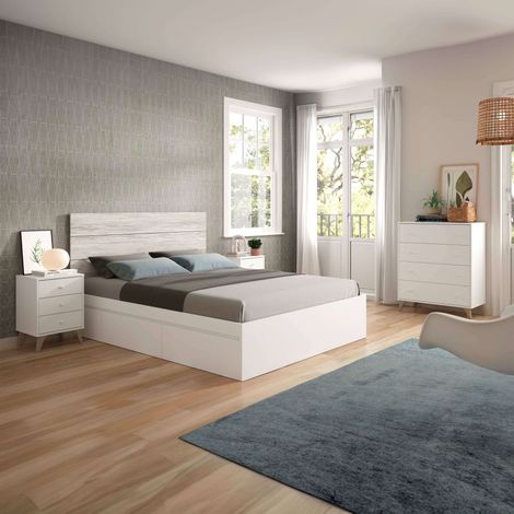 Conjunto Muebles Dormitorio Habitación Estilo Nórdico Blanco 150 cm (cabecero + 2 Mesitas + Cama + Cómoda)