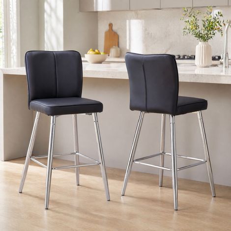 Taburete de bar 101 cm juego de 2 en PU negro y metal plateado con respaldo ergonómico DESVIAE (1/5)