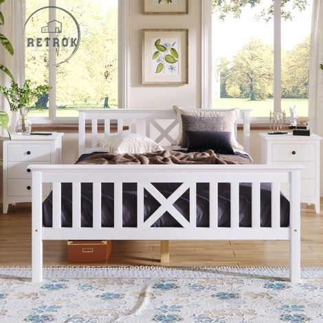 Lit double en bois - 140x200cm - Tête de lit - Lit enfant/ado en pin massif blanc