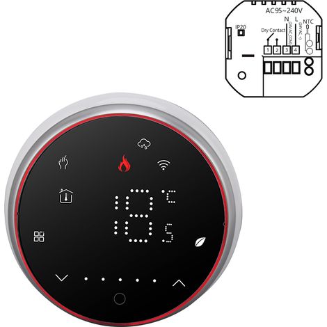 Thermostat intelligent WiFi sans fil avec affichage LED, commande vocale via application, AC95240V, thermostat rond intelligent à économie d'énergie pour chaudière, noir