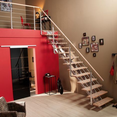 Rambarde d'Escalier Twin Hêtre Aluminium Poli Tubes inox France