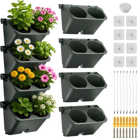 Tour de jardin verticale suspendue avec 4 pots, système de plantation mural intérieur‑extérieur, gain de place, pour herbes, fruits, légumes et fleurs (1/5)