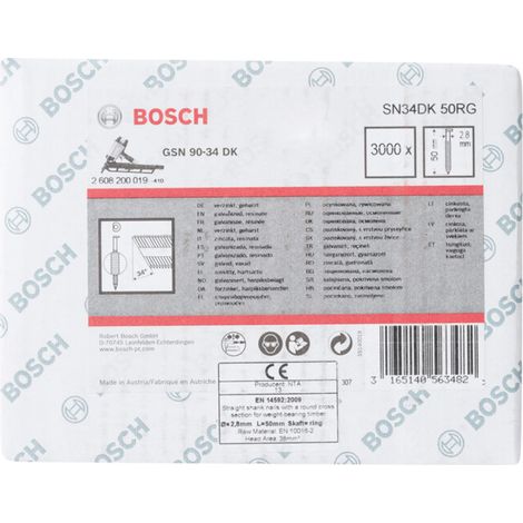 Clou à tête en D Bosch SN34DK 50RG 2,8 mm 50 mm rainuré galvanisé 3000 pièces