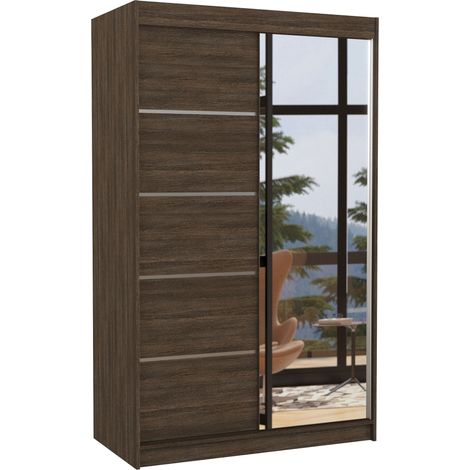 Petite armoire de chambre 2 portes coulissantes bois foncé et miroir Noka 120cm (1/5)