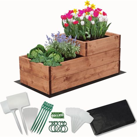 MODO24 Carré potager surélevé en bois, 2 niveaux en cascade, 27x30x63 cm, jardin/terrasse, kit jardinier inclus, brun imprégné