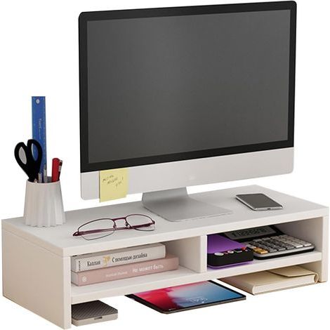 Support d'écran en bois, rangement de bureau, rehausseur d'écran d'ordinateur, organiseur de bureau, étagère multifonctionnelle pour écran avec compartiment de rangement, blanc, double couche (1/5)