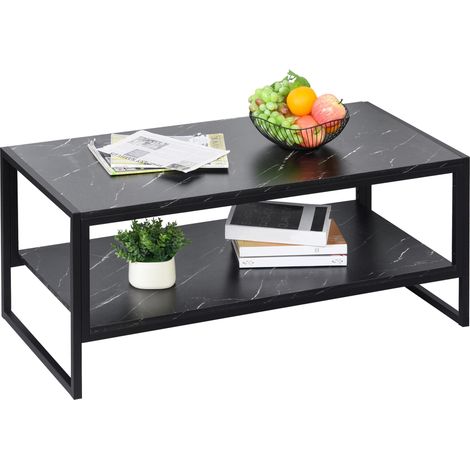 Table basse noire, table d'appoint effet marbre avec étagère inférieure, pour salon ou bureau, design moderne, structure en acier, 106 x 50 x 45 cm, noire (1/5)