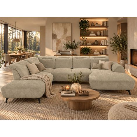 Wohnlandschaft Sofa U-Form ALETTE in Stoff Doha Hellbraun Lange Schenkel Links (1/5)