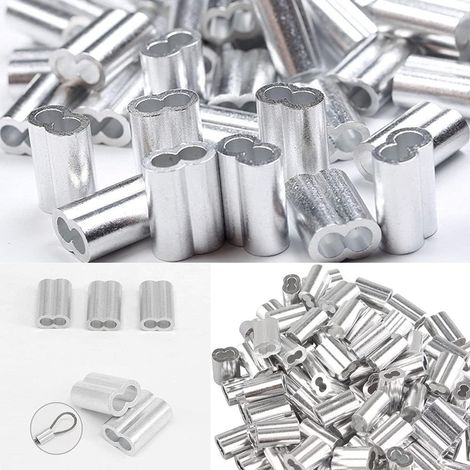 Stahlseilschlingen mit Aluminiumhülsen, 200 x 2 mm Doppelendkappen, Stahlseil-Quetschklemmen zum Verbinden und Befestigen. (1/5)