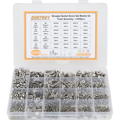 Kit de 1220 vis, écrous et rondelles à tête plate et douille hexagonale en acier inoxydable 304 (M2, M3, M4, M5). (1/5)