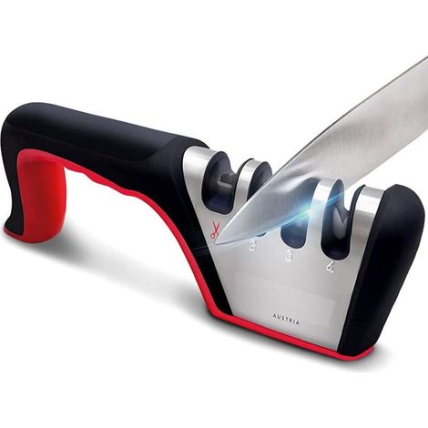 Enowelir Aiguiseur Couteaux 4 en 1 Professionnel avec Base Anti-Dérapante pour Cuisine Ciseaux Manuel Noir et Rouge (1/4)