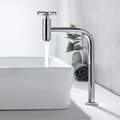 Robinet Vasque à Poser d'eau Froide Uniquement, Mitigeur Haut en Laiton pour Salle de Bains, Robinetterie pour WC Invités avec Poignée Croisée, Cartouche Céramique, Chromé (1/5)