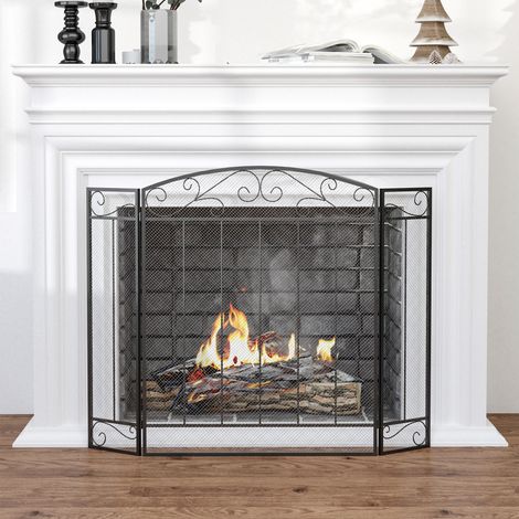 Salvachispas para Chimenea 105x80,5 cm Pantalla para Chimenea Plegable de 3 Paneles Protector de Chimenea Negro (1/5)