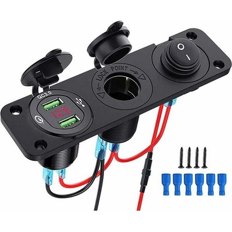 12V USB Panel Mount Socket, 12V Cigarette Lighter Socket, QC 3.0 12V Dual USB Charger, Cigarette Lighter Power Panel, Illuminated Rocker Switch for Boats, Trailers, Cars, Buses, Black