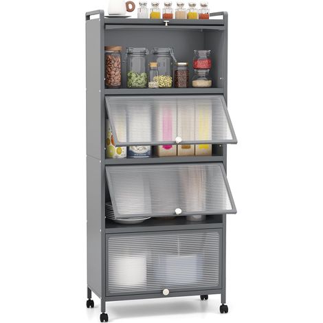 COSTWAY Armoire Cuisine 5 Niveaux, Étagère Cuisine 4 Portes PC Escamotables avec 4 roulettes, Étagère Micro-Ondes pour Salle à Manger, Salon, 60 x 32 x 154 cm, Noir (Gris) (1/5)