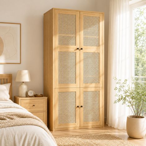 Armoire 90x47x200 cm avec penderie, portes en rotin, 3 tiroirs et 4 espaces de rangement, meuble dressing en MDF Bois (1/5)