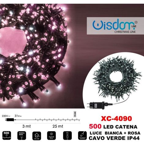 Wisdom - Catena Luminosa 500 Luci Led Lucciole Luce Bianca + Rosa Cavo Verde Ip44 Xc-4090 -