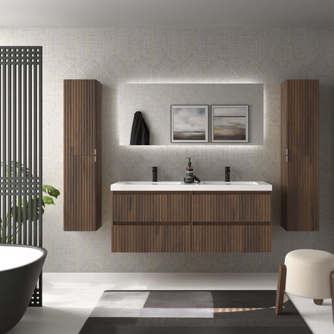 Mueble de Baño KIRA 140cm Nogal 4 cajones Lavabo Toscana 2 pozas Carga Mineral (1/5)