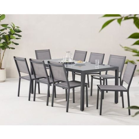 Ensemble repas de jardin 8 places – Table 180 cm en aluminium avec plateau en verre trempé – Chaises en aluminium et textilène gris (1/5)