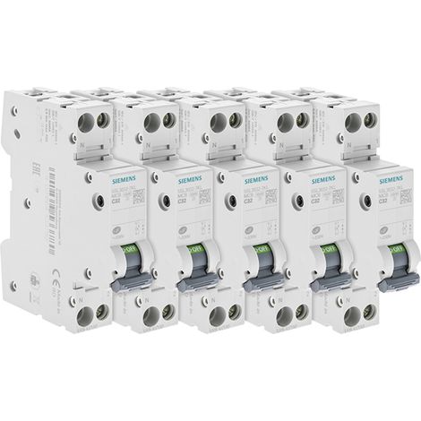 Siemens – Lot de 5 disjoncteurs bipolaires 32A – Courbe de déclenchement C – Protection circuits jusqu'à 450W – Norme NF EN 60898 (1/4)