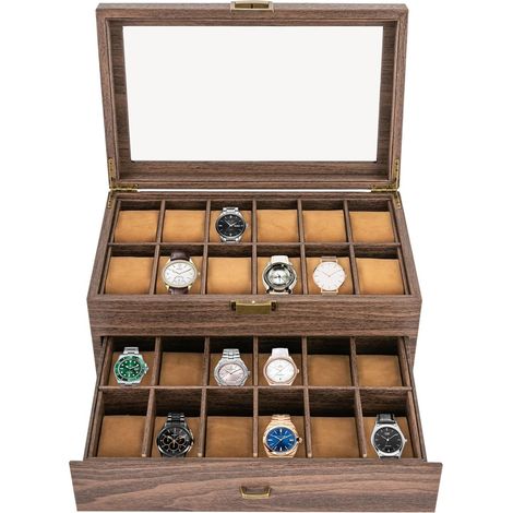 Scatola per orologi con 24 scomparti, cassa per orologi in legno massiccio, con coperchio in vetro e cuscino per orologi, scatola premium per uomini e donne, chiusura in metallo, idea regalo