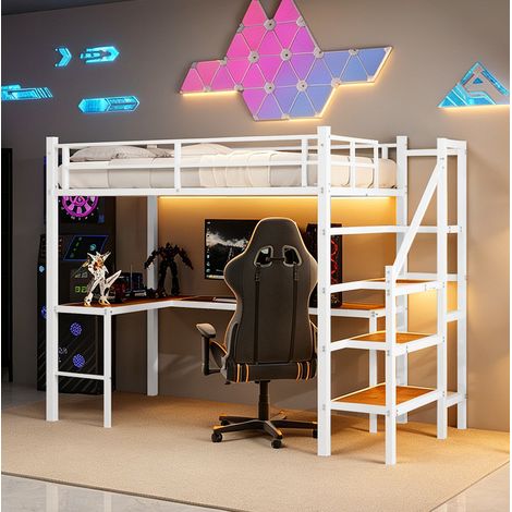 Cama alta 197x98x175,5 cm de hierro blanco con escritorio en L y almacenaje - MEUBLIV (1/5)