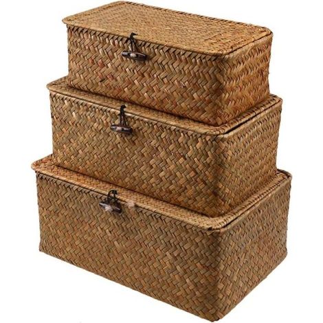 Panier tressé en osier avec couvercle, boîte de rangement en rotin et jonc de mer pour le linge, idéale pour la salle de bain, le salon et la cuisine. (1/5)