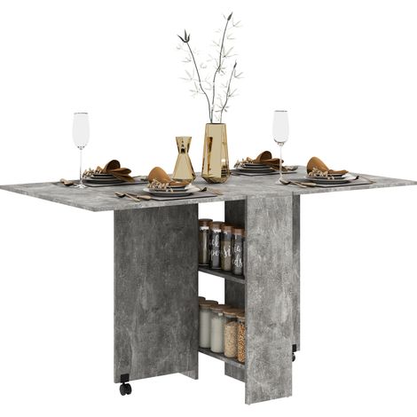 Folding Dining Table, Drop Leaf Table with 2-Tier Shelves, Rolling Casters, for Small Spaces, Kitchen, Cement Grey