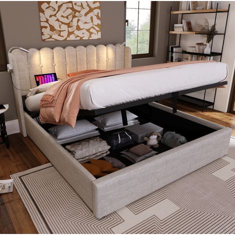 Letto matrimoniale imbottito rustico 160x200 cm in lino naturale con testiera, luce da lettura, USB e contenitore (1/5)