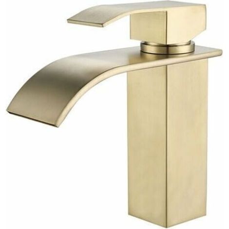 Robinet mitigeur lavabo cascade doré brossé – Acier inoxydable – Noyau céramique – Débit doux sans éclaboussures – Installation facile (1/4)