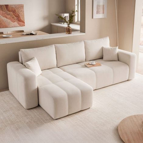 Ecksofa Schlafsofa Sofa LEROS in Stoff Manila Creme Ottomane Links (1/5)