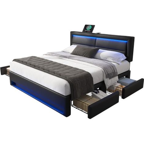 Lit capitonné 140 x 190 cm avec port USB (prend en charge le chargement sans fil et filaire),avec éclairage LED et quatre tiroirs de rangement,sans matelas,design PU litchi,noir (1/5)