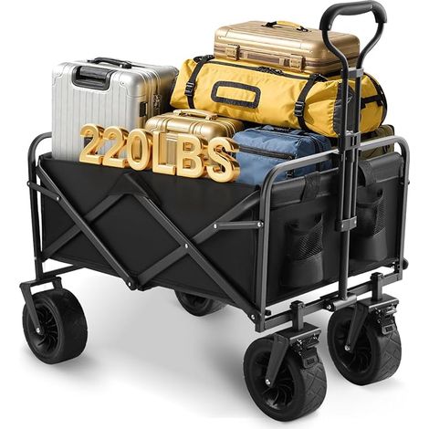 Folding Beach Trolley, Folding Shopping Trolley with Drink Holder, 100 L, 100 kg, Transport Trolley, Garden Trolley, Beach Trolley, Shopping, Suitable for Off-Road with Brakes (1/5)